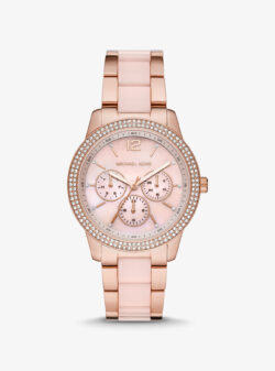 Oversized Tibby Pavé Rose Gold-Tone Blush Acetate Watch