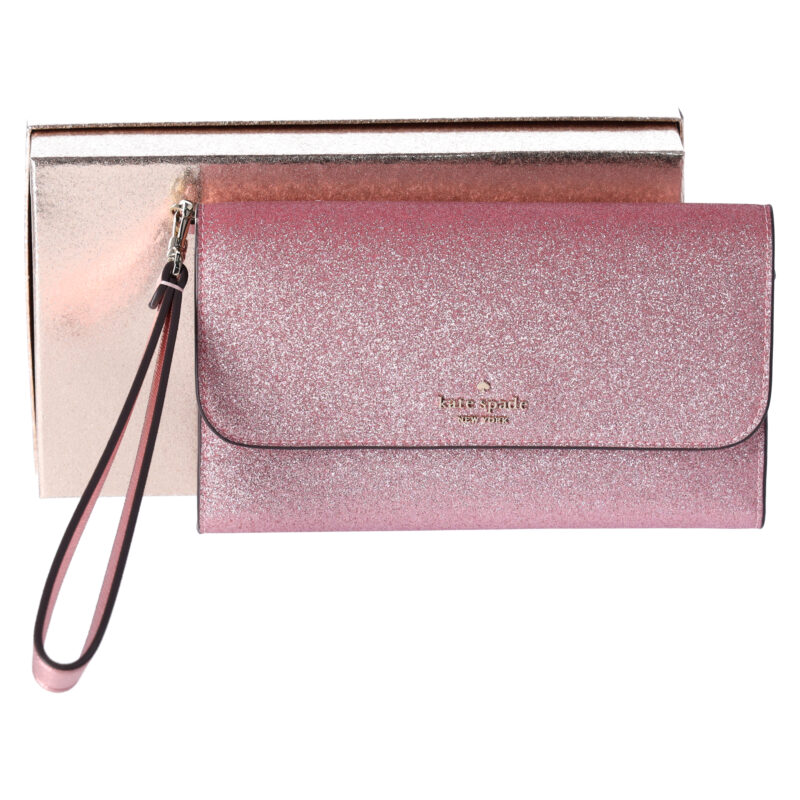 Kate Spade Glimmer Boxed Medium Flap Phone Wristlet Wallet Mitten Pink Glitter