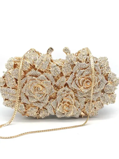 Diamante Crystal Clutch Evening Bag for Women - Clear Metal Frame Party Handbag