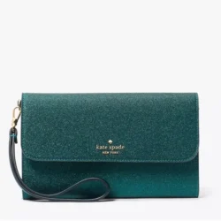 kate spade Boxed Glimmer Glitter Medium Flap Wristlet Festive, Teal Green NWT