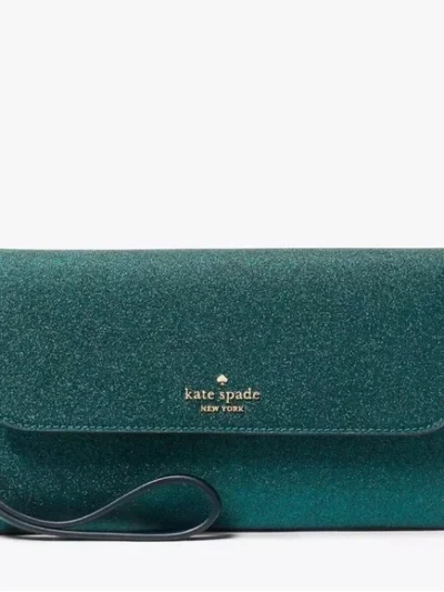 kate spade Boxed Glimmer Glitter Medium Flap Wristlet Festive, Teal Green NWT