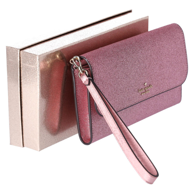 Kate Spade Glimmer Boxed Medium Flap Phone Wristlet Wallet Mitten Pink Glitter - Image 3