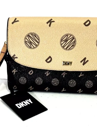 DKNY Sidney Wallet - Mocha/Beige Leather, Beige Handle, Gold Hardware, Elegant