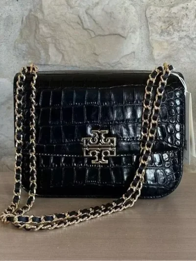 Tory Burch Britten Embossed Small Black Adjustabe Shoulder Crossbody Bags NWT