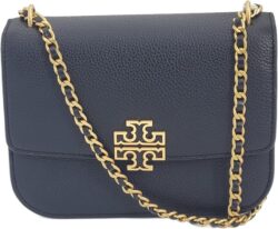 Tory Burch 140987 Britten Black Pebbled Leather With Gold Hardware Small Women's Adjustable Shoulder Bag, Black, S, Black///White, S, Contemporary